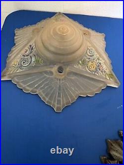 Art Nouveau Floral Painted Frosted Glass Lampshade With Original Base