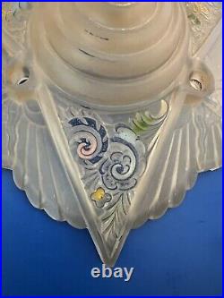 Art Nouveau Floral Painted Frosted Glass Lampshade With Original Base