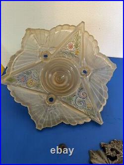 Art Nouveau Floral Painted Frosted Glass Lampshade With Original Base