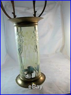Art Nouveau Hanging Light, Brass & Opalescent Glass Shade C1890's, Ex Gas Light