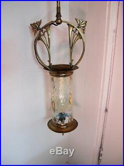 Art Nouveau Hanging Light, Brass & Opalescent Glass Shade C1890's, Ex Gas Light