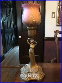 Art Nouveau Lady Lamp With Rindskopf Art Glass Shade