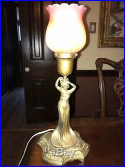 Art Nouveau Lady Lamp With Rindskopf Art Glass Shade