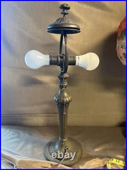 Art Nouveau Lamp Spelter Dual Pull Chain Glass Capper 4 Stained Glass Shade