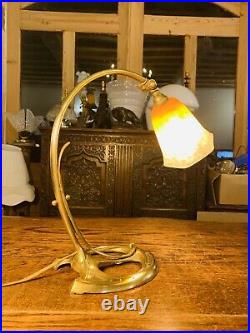 Art Nouveau SCHNEIDER Bronze Table Lamp With Signed Glass, Charles Ranc Style