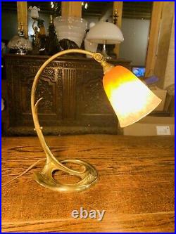 Art Nouveau SCHNEIDER Bronze Table Lamp With Signed Glass, Charles Ranc Style
