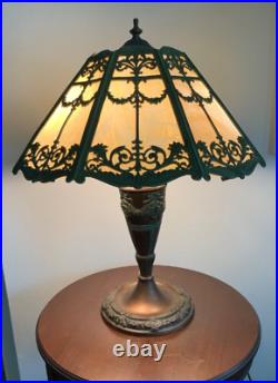 Art Nouveau Slag Glass Lamp Green & Bronze Floral Motif Rewired