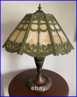 Art Nouveau Slag Glass Lamp Green & Bronze Floral Motif Rewired