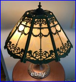 Art Nouveau Slag Glass Lamp Green & Bronze Floral Motif Rewired