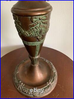 Art Nouveau Slag Glass Lamp Green & Bronze Floral Motif Rewired