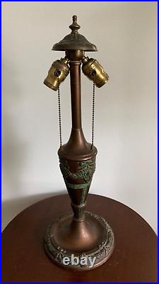 Art Nouveau Slag Glass Lamp Green & Bronze Floral Motif Rewired