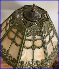 Art Nouveau Slag Glass Lamp Green & Bronze Floral Motif Rewired