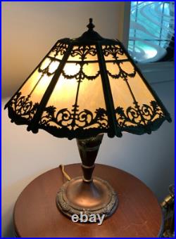 Art Nouveau Slag Glass Lamp Green & Bronze Floral Motif Rewired