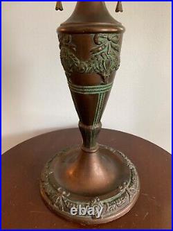 Art Nouveau Slag Glass Lamp Green & Bronze Floral Motif Rewired