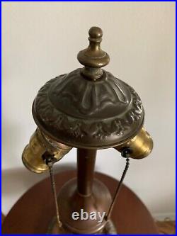 Art Nouveau Slag Glass Lamp Green & Bronze Floral Motif Rewired