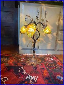 Art Nouveau Style Lamp blown glass flowers, grapes, brass leaves, & brass base