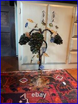 Art Nouveau Style Lamp blown glass flowers, grapes, brass leaves, & brass base