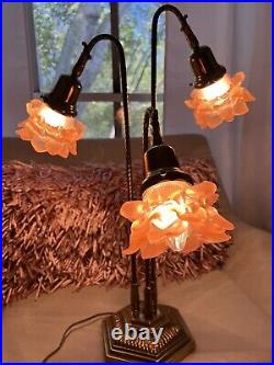 Art Nouveau Style Vtg Brass /frosted Pink Glass Lamp