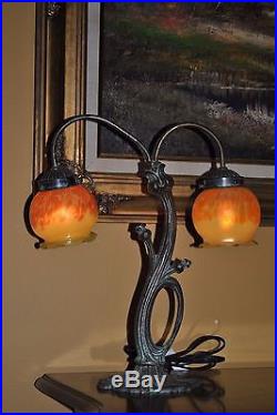Art Nouveau/Victorian/Austrian Loetz, Kralik Glass Solid Bronze Boudoir/Desk Lamp