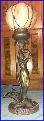 Art Nouveau lady lamp on marble with glass lily shade Circa 1900