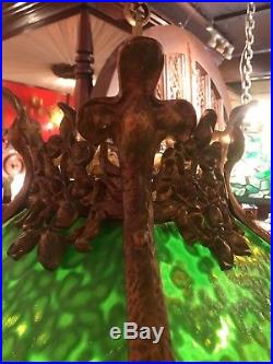 Arts And Crafts Antique Bronze Slag Glass Hanging Lamp