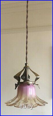 Arts And Crafts / Nouveau Pendant Light / Lamp With Vaseline Glass Shade
