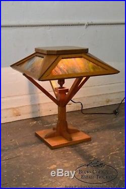 Arts & Crafts Antique Mission Style Slag Glass Table Lamp