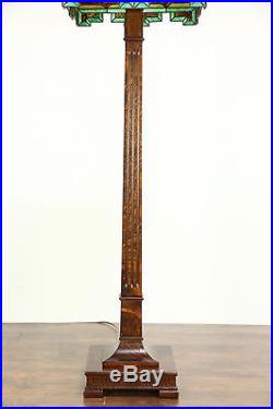 Arts & Crafts Antique Oak Craftsman Floor Lamp, Leaded Stained Glass Shade