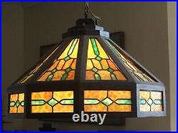 Arts Crafts Mission Hanging Leaded SLAG GLASS Shade Chandelier Lamp W. E. Brown
