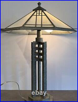Arts Crafts Mission Style Slag Glass Lamp Table Tall Silver Metal Tiffany Style