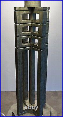 Arts Crafts Mission Style Slag Glass Lamp Table Tall Silver Metal Tiffany Style