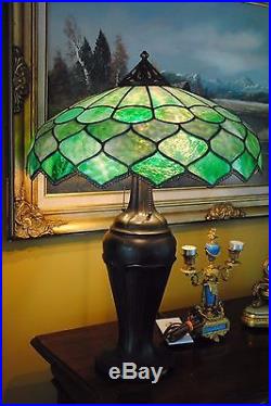 Arts & Crafts, Nouveau Double Signed Handel Leaded Stained Slag Glass Lamp
