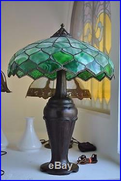 Arts & Crafts, Nouveau Double Signed Handel Leaded Stained Slag Glass Lamp