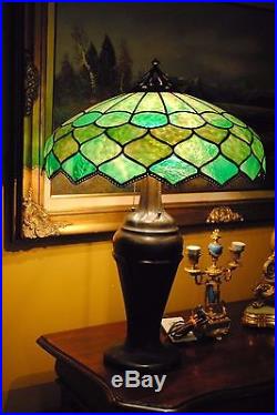 Arts & Crafts, Nouveau Signed Handel Artichoke Leaded Stained Slag Glass Lamp