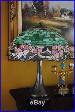 Arts & Crafts, Nouveau Signed Handel Hollyhock Leaded Stained Slag Glass Lamp