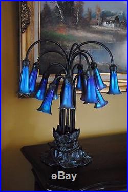 Arts&Crafts, Nouveau, Tiffany, L. C. T. Style Iridescent Lily Art Glass Bronze Lamp