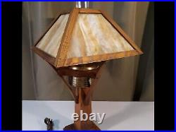 Arts & Crafts Oak & Slag Glass Mission W. B. Brown Style Table Lamp
