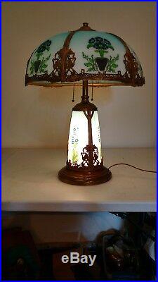 Arts and Crafts Style Antique Lighted base Slag glass Lamp Handel era