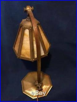 Arts and crafts desk lamp with caramel slag glass shade