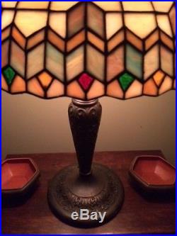 Arts crafts mission antique vintage slag glass leaded lamp bradley hubbard era