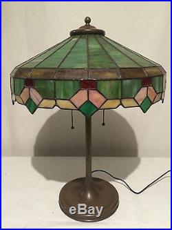 Arts crafts mission leaded slag glass antique Bradley hubbard handel era lamp nr