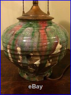 Arts crafts mission leaded slag glass shade pottery lamp base nr
