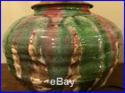 Arts crafts mission leaded slag glass shade pottery lamp base nr
