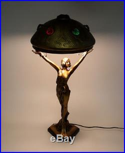 Austrian Gilt Metal & Chunk Glass Female Figural Table Lamp, Art Nouveau c. 1910