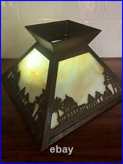 Awesome Arts and Crafts Table Lamp Caramel Slag Glass Shade Egyptian Design