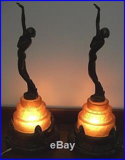 Best Pair Nuart Intense Art Deco Sensual Nude Vamps Amber Glass Base Lamps 16.5