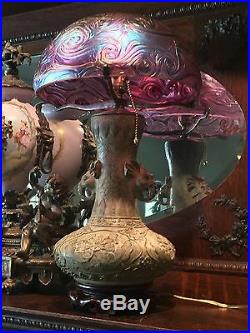 BRONZE TABLE LAMP WITH IRIDESCENT ART GLASS SHADE Acorn Pull, Elephants, Etc