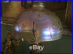 BRONZE TABLE LAMP WITH IRIDESCENT ART GLASS SHADE Acorn Pull Etc