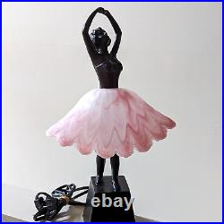 Ballerina Table Lamp Art Deco Style Bronze Finish Pink Glass Skirt Shade VTG