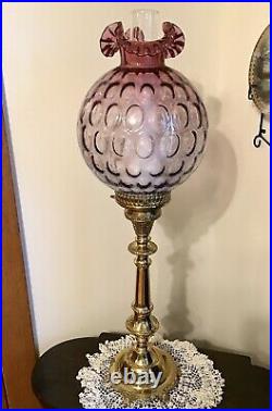 Beautiful Fenton Art Glass Mulberry Coin Dot Optics Pillar Lamp N8